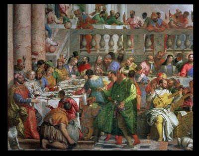 カナの結婚のごちそう、緑のローブを着た男と小人のオウムとの宴会テーブルの詳細、c.1562キャンバスの油彩94932 作： Paolo Veronese