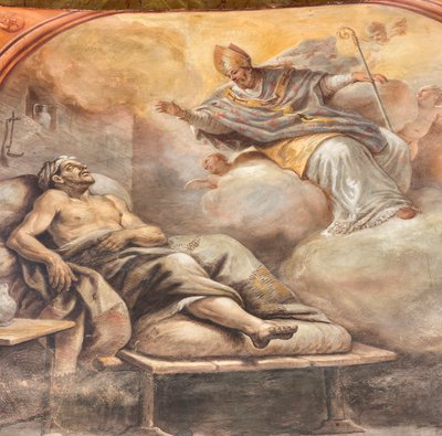 イタリア、タラント、大聖堂のサン・カタルド礼拝堂、丸天井と太鼓に描かれた1714年のパオロ・デ・マッテイ作の聖人の生涯を描いたフレスコ画（写真）。 作： パオロ・ディ・マッテイス