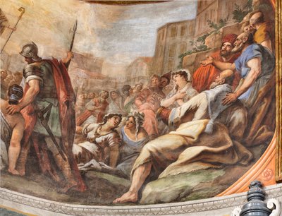 イタリア、タラント、カテドラルのサン・カタルド礼拝堂、丸天井と太鼓の上に描かれた1714年のパオロ・デ・マッテイス作の聖人の生涯を描いたフレスコ画（写真） 作： パオロ・ディ・マッテイス
