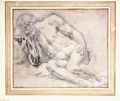 彼の腕で寝ているリクライニングひげを生やした男、 作： Paris Bordone