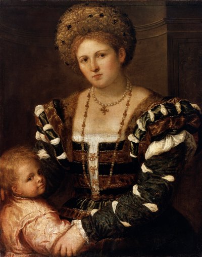 1530年代の少年を持つ女性の肖像 作： Paris Bordone
