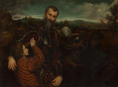 2ページの鎧を着た男の肖像画。 作： Paris Bordone