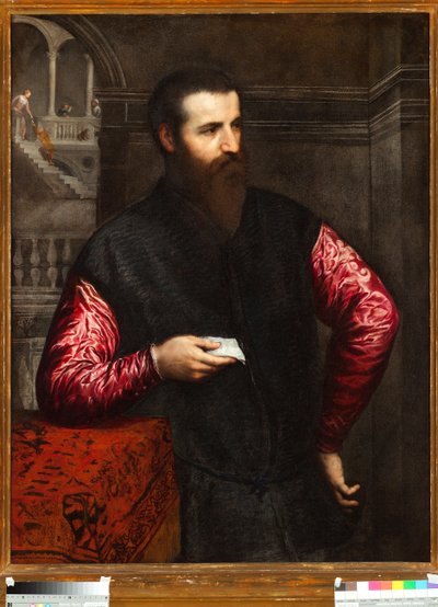 赤い袖をつけた貴族の肖像 - パリス・ボルドンまたはボルドン（1500-1571）の絵画 ジュネス・ストラーダ・ヌォーヴァ美術館（Musei di Strada Nuova） inv n 43 作： Paris Bordone