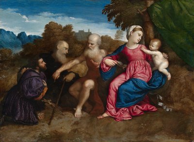 聖母マリアと幼子、聖人ジェロームとアンソニー修道院長、寄進者 1522年頃 ポプラパネルに油彩 作： Paris Bordone