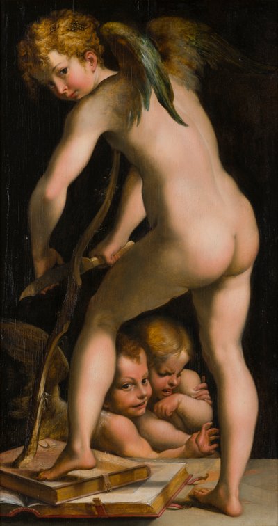 弓を剃るキューピッド、c.1523-40（キャンバスに油彩） 作： Parmigianino 