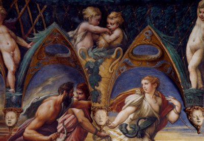 パルミジャニーノ（1503-1540）として知られるフランチェスコ・マッツォーラによる「ディアナとアクタイオンの神話」の詳細（1524年頃）、フレスコ画、イタリア、エミリア＝ロマーニャ州パルマ近郊フォンタネラートのサンヴィターレ岩窟にある「ディアナとアクタイオンの部屋」。 作： Parmigianino