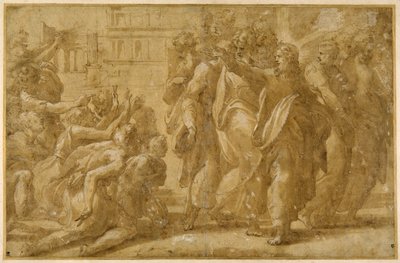 ハンセン病患者を癒すキリストと弟子たち (紙にペン、インク、水彩、ボディカラー) 作： Parmigianino (1503 40)