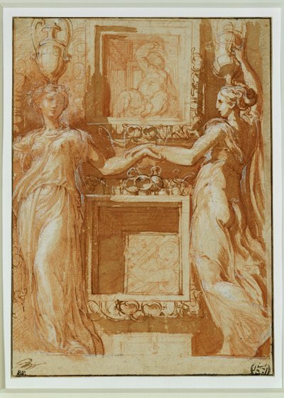 ケーソンの両側で手をつなぐ2人のカネフォラ． 作： Parmigianino (1503-40)