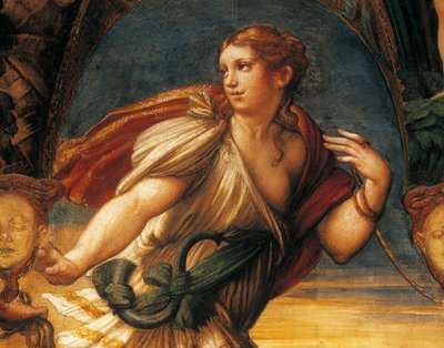 パルミジャニーノことフランチェスコ・マッツォーラ（1503-1540）の「ディアナとアクタイオンの伝説」、フレスコ画、細部、ロッカ・サンヴィターレ、フォンタネラート、エミリア・ロマーニャ州 作： Parmigianino
