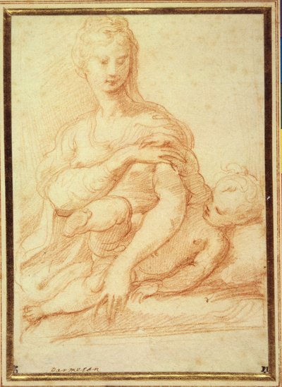 童子を膝に乗せて遊ぶ聖母（白紙に赤チョーク 作： Parmigianino