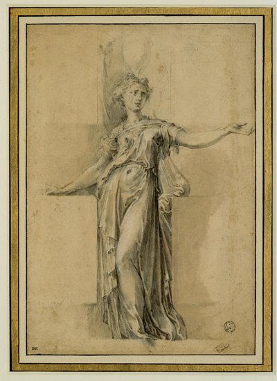 カネフォール。ベージュの紙に茶色のインク、黒い石、ガッシュ。 作： Parmigianino (1503-40)