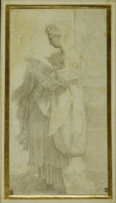 膨らんだドレープを持つ少女の立ち姿（白紙に黒チョーク 作： Parmigianino 