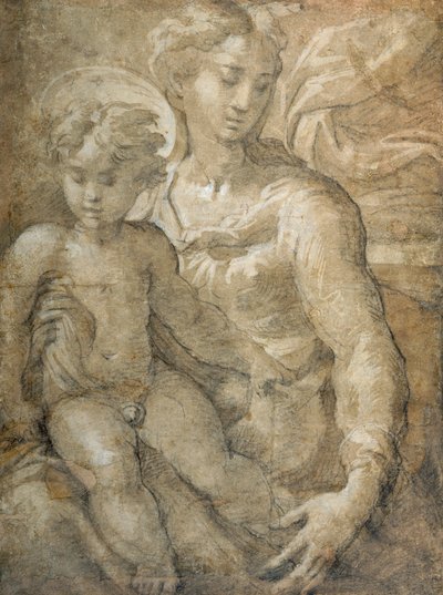 幼子を膝に乗せる聖母（紙に黒チョーク、茶のウォッシュと白のボディカラー 作： Parmigianino 