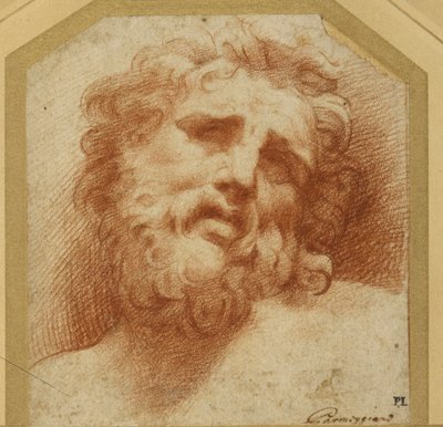 上を向いているヒゲ頭（ラオコーンの可能性あり）（白紙に赤チョーク 作： Parmigianino