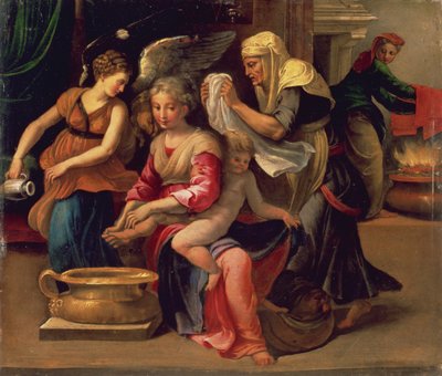 赤ちゃんの沐浴（油彩・パネル 作： Parmigianino