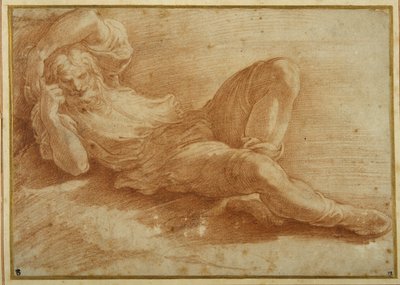 髭のある人物、寝ている（白紙に赤チョーク 作： Parmigianino