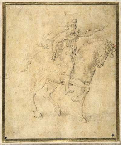 騎馬像（白い紙に茶色のウォッシュをかけたペンと茶色のインク 作： Parmigianino