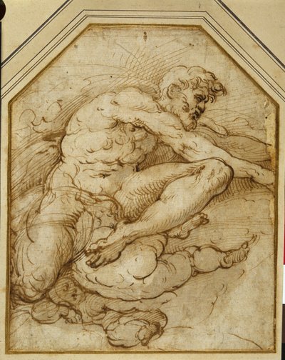 雲の中でプッティに生まれた男性像（紙にペン、茶インク、ウォッシュ 作： Parmigianino
