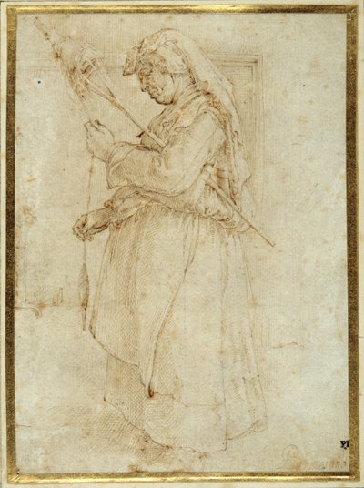 暖炉の前に立つ杖を持った老婆（白い紙にペンと茶色のインク 作： Parmigianino