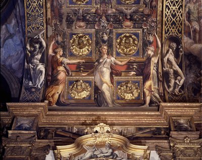5人の狂った処女のうちの3人。フランチェスコ・マッツォーラ（1503-1540）による、パルマのマドンナ・デッラ・ステッカータ教会の大礼拝堂の主要な丸天井を飾るフレスコ画の詳細（「パルミジャニーノ（パルメザン）」と呼ばれる）。 作： Parmigianino