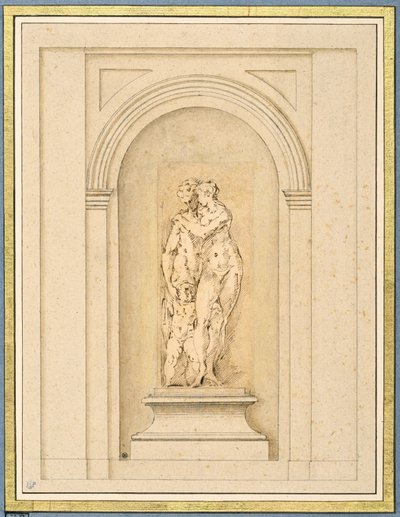 後の建築フレームに囲まれた 2 人の人物とキューピッド 作： Parmigianino