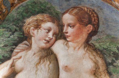 2384753 のダイアナとアクタイオンの部屋からダイアナの風呂に出席する 2 つのニンフ 作： Parmigianino