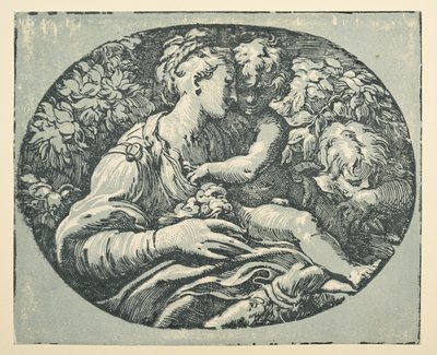 聖ヨハネと聖母子 (紙にインク (黒と青緑)) 作： Parmigianino