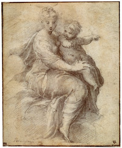 雲の上のマドンナと子供、c1525 作： Parmigianino