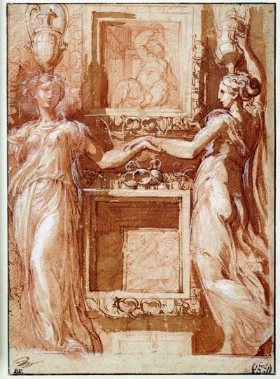 箱の両側に手を差し伸べる2つのカネフォアGirolamoFrancesco Maria Mazzola ditParmigianinoまたはLeParmesanによるインク、ウォッシュ、血、白のフラップの描画 作： Parmigianino