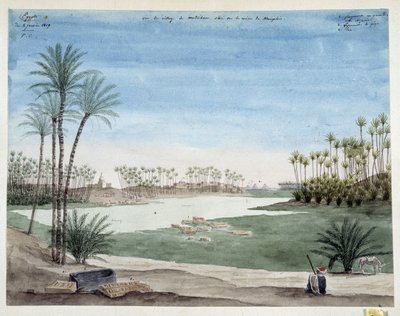 エジプト: メンフィス近くのメトリハムの村の眺め。 1819年 パスカル・コステ (1787-1879) による素描 地中海考古学博物館、マルセイユ 作： Pascal Xavier (after) Coste
