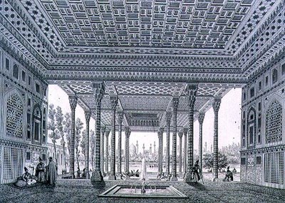 イスファハンの鏡のパビリオンの内観、クロード・ソーヴァジョ（1832-85）とジャン・シャルル・ユゲが彫刻した「ペルシャの近代建造物」の35番プレート 作： Pascal Xavier (after) Coste
