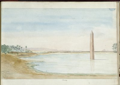エジプトのヘリオポリスにあるセソストリス1世のナイル川とオベリスクの眺め。 パスカル コステ (1787-1879) による水彩画。 マルセイユ市立図書館 作： Pascal Xavier (after) Coste