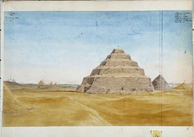 サカラのピラミッドの眺め。 エジプト 1819 年 1 月 水彩画 パスカル コステ (1787-1879) 作 マルセイユ市立図書館 作： Pascal Xavier (after) Coste
