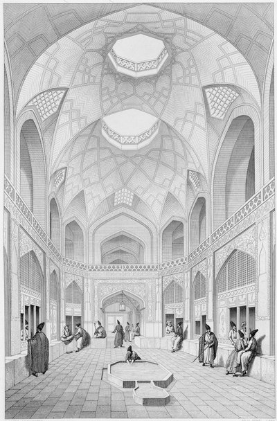 1856年パリのルメルシエによって出版されたルイフェリックスペネル（fl.1780-1830）によって彫刻されたペルシャの「航海のピトレスク」からのカーシャーンのアドジサイドフセインバザール 作： パスカル・ザビエル・コステ