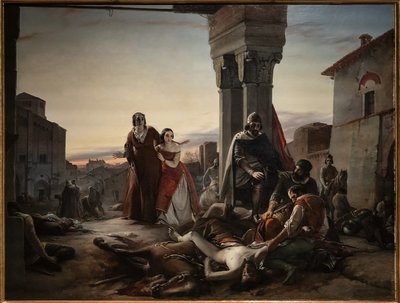 1315年、マッテオ・ヴィスコンティの手によるパヴィアの征服中に殺された息子の死体を探しているリッチャルディーノ・ランゴスコの母親 作： Pasquale Massacra