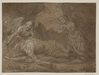 2 人の天使によって嘆き悲しむ死んだキリスト 作： Pasquale Ottino