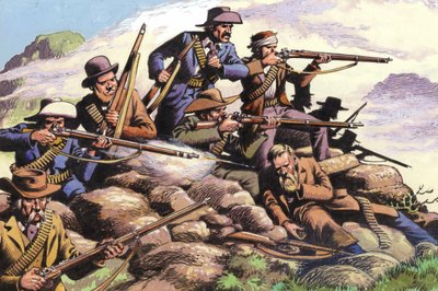 1880年、第一次ボーア戦争時、マジュバの丘で戦うトランスヴァールのボーア人（紙にグワッシュ） 作： Pat (1907-95) Nicolle