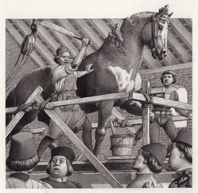 アンドレア・ヴェロッキオ、馬の彫像の頭を叩き割る（紙にグワッシュ） 作： Pat (1907-95) Nicolle