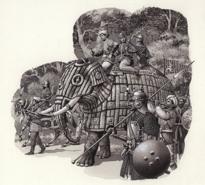 中国軍装甲象（紙にグワッシュ） 作： Pat (1907-95) Nicolle