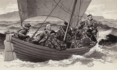 スカイ島を目指すボニー・プリンス・チャーリー（紙にグワッシュ） 作： Pat (1907-95) Nicolle