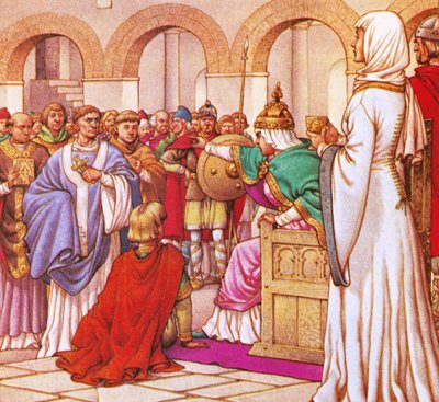 西暦610年、ブルグント王国の女王ブリュネヒルダは、宮廷の奢侈に反対する説教をしたコロンバヌスを追放した。 作： Pat (1907-95) Nicolle