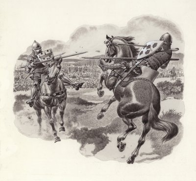 ポワチエの戦いの騎士たち（紙にグワッシュ） 作： Pat (1907-95) Nicolle