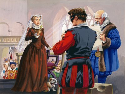 フォザリンゲイ城で斬首されようとするスコットランド女王メアリー（紙にグワッシュ） 作： Pat (1907-95) Nicolle