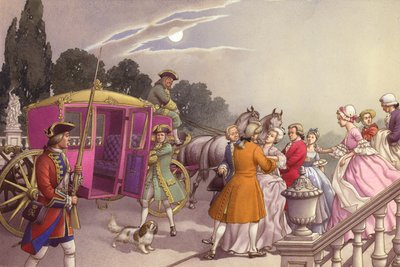 出産間近のオーガスタ王女を馬車に乗せる（紙にグワッシュ） 作： Pat (1907-95) Nicolle