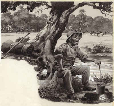陽気なスワッグマン（紙にグワッシュ） 作： Pat (1907-95) Nicolle