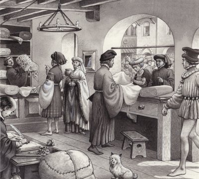 ルネサンス期のイタリアの布商人の店（紙にグワッシュ） 作： Pat (1907-95) Nicolle