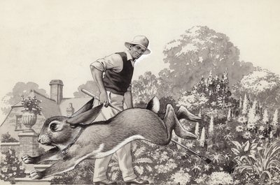 猫の首輪をして庭を走り回るウサギ（紙にガッシュ） 作： Pat (1907-95) Nicolle