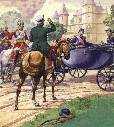 ナポレオン3世の馬車に近づくビスマルク伯爵（紙にグワッシュ） 作： Pat (1907-95) Nicolle