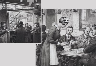 エドワーディアン・コーヒー屋台と喫茶店（紙にグワッシュ） 作： パット (1907-95) ニコル