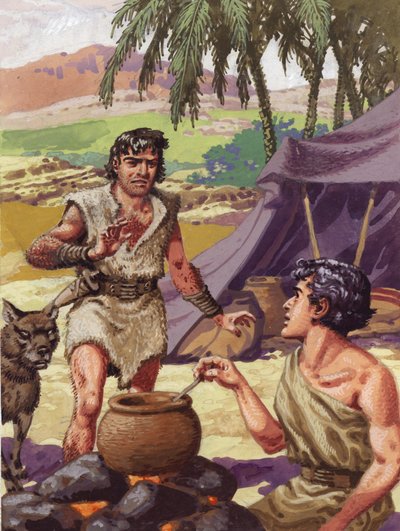 兄ヤコブに食べ物を求めるエサウ（紙にガッシュ） 作： パット (1907-95) ニコル